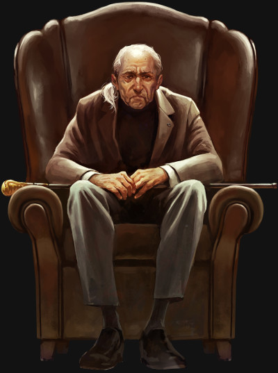  Ilustración de Alfred Argherton. Alfred es un hombre anciano con el rostro arrugado y serio.  Su piel es pálida, y su cabello blanco está recogido en una pequeña coleta.  Sus ojos hundidos muestran cansancio, pero aún reflejan astucia. Su expresión es dura,  transmitiendo la imagen de un ejecutivo experimentado y firme. 