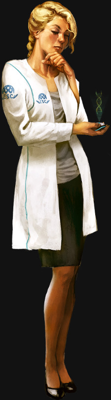  Ilustración de Devra Lock. Devra tiene el rostro sereno y pensativo, con ojos cerrados en una expresión de  introspección. Su piel es clara y su cabello rubio está trenzado, con mechones que  enmarcan su rostro. Su mano descansa en la barbilla, lo que refuerza su aire de contemplación y calma interior. 