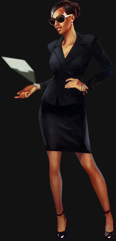  Ilustración de Leila Larrabee. Leila es una mujer elegante de piel bronceada, con el cabello oscuro  recogido en un moño pulido. Lleva gafas de sol grandes que cubren la mayor parte  de sus ojos, y sus labios están ligeramente entreabiertos, mostrando seguridad. Un pendiente pequeño  y brillante cuelga de su oreja, completando su aspecto sofisticado. 